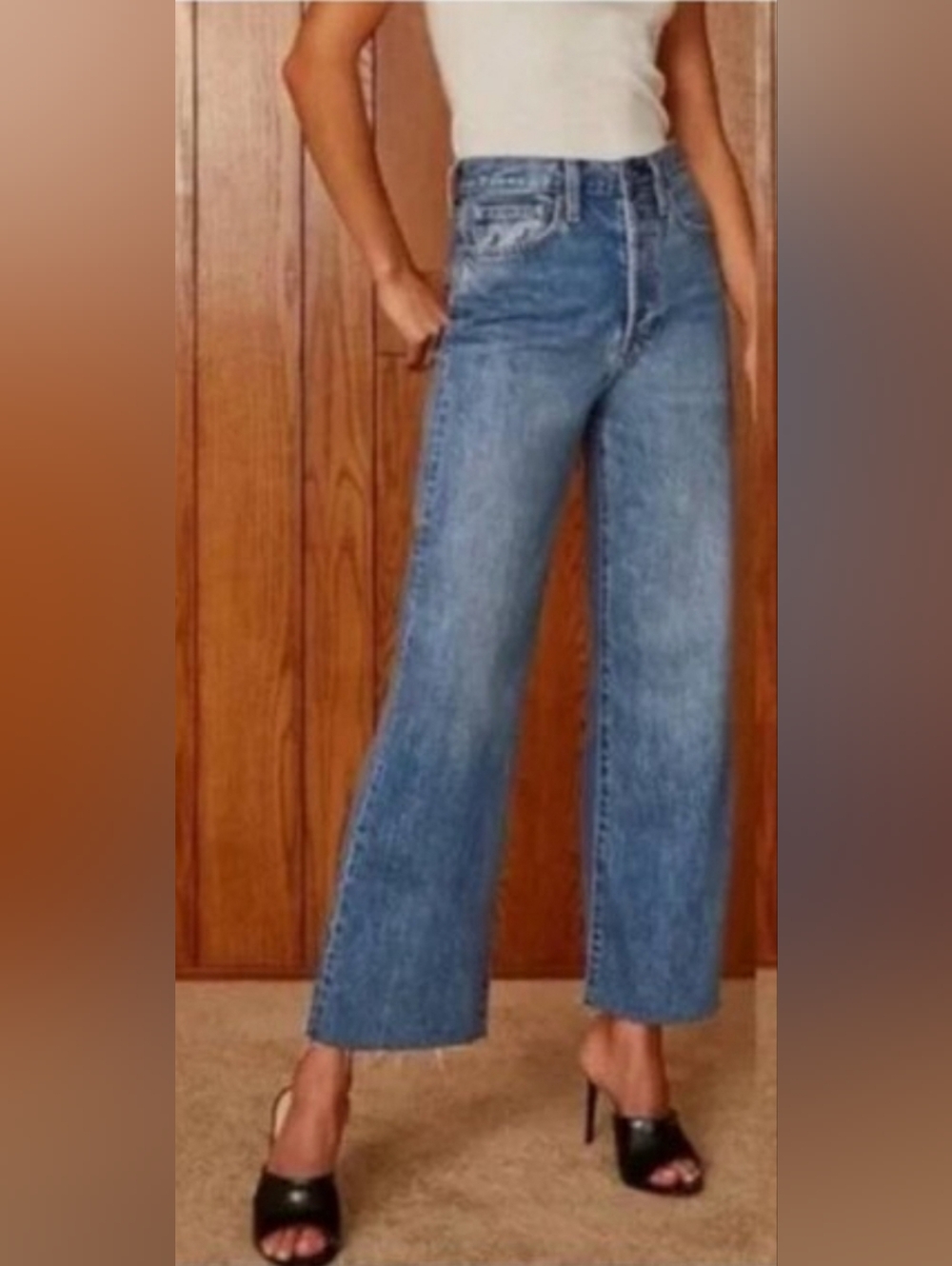 Denim Forum Farrah Wide Leg High Rise Crop Jeans Raw Hem Blue 25